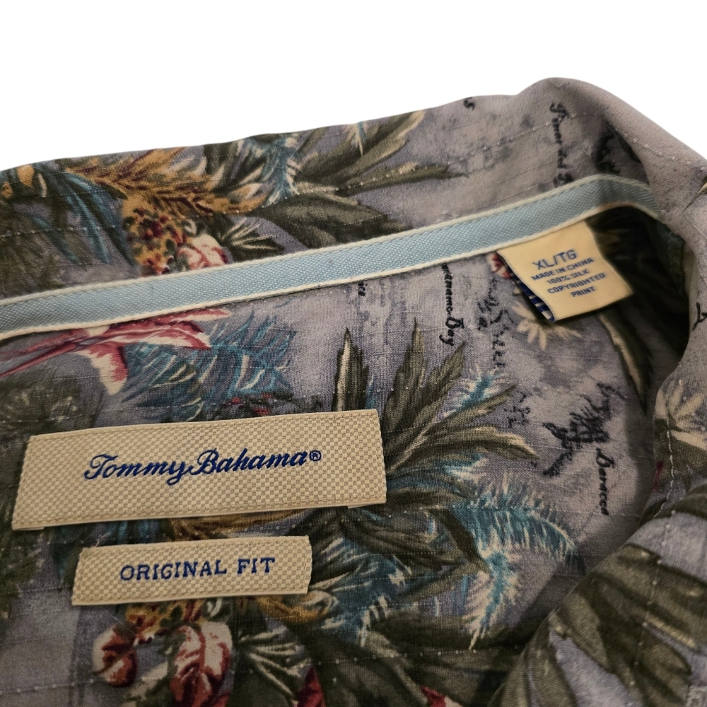 Tommy Bahama Silk Hawaiian Shirt, Floral Gray Caribbean Island Map, Mens Size XL - Picture 2 of 11